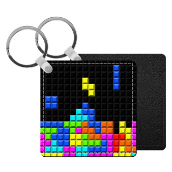 Tetris blocks, Μπρελόκ Δερματίνη, τετράγωνο ΜΑΥΡΟ (5x5cm)