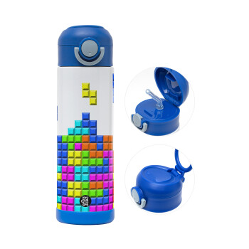 Tetris blocks, Children's hot water bottle, stainless steel, with safety straw, BLUE (500ml)