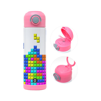 Tetris blocks, Children's hot water bottle, stainless steel, with safety straw, PINK (500ml)