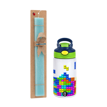 Tetris blocks, Easter Set, Children's thermal stainless steel bottle with safety straw, green/blue (350ml) & aromatic flat Easter candle (30cm) (TURQUOISE)