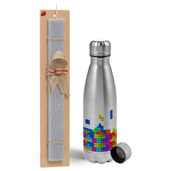 Tetris blocks, Easter Set, metallic Inox water bottle (750ml) & aromatic flat Easter candle (30cm) (GRAY)