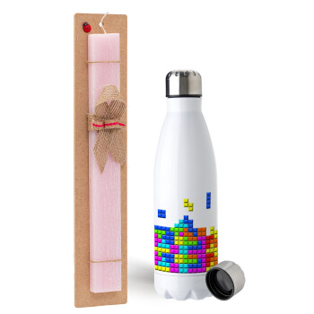 Tetris blocks, Easter Set, metallic stainless steel water bottle (750ml) & scented flat Easter candle (30cm) (PINK)