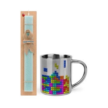 Tetris blocks, Πασχαλινό Σετ, μεταλλική κούπα θερμό (300ml) & πασχαλινή λαμπάδα αρωματική πλακέ (30cm) (ΤΙΡΚΟΥΑΖ)