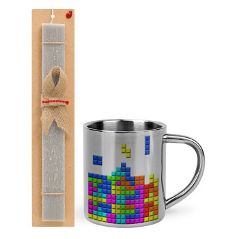 Tetris blocks, Πασχαλινό Σετ, μεταλλική κούπα θερμό (300ml) & πασχαλινή λαμπάδα αρωματική πλακέ (30cm) (ΓΚΡΙ)