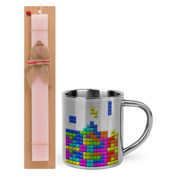 Tetris blocks, Πασχαλινό Σετ, μεταλλική κούπα θερμό (300ml) & πασχαλινή λαμπάδα αρωματική πλακέ (30cm) (ΡΟΖ)
