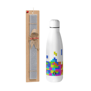 Tetris blocks, Easter Set, metallic stainless thermos bottle (500ml) & scented flat Easter candle (30cm) (GRAY)