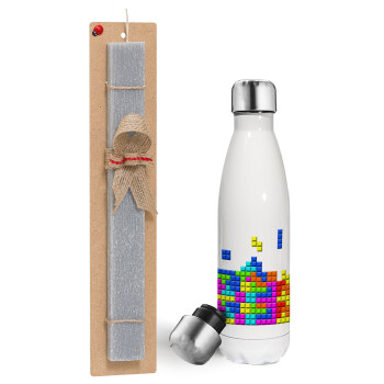 Tetris blocks, Πασχαλινή λαμπάδα, μεταλλικό παγούρι θερμός λευκός (500ml) & λαμπάδα αρωματική πλακέ (30cm) (ΓΚΡΙ)
