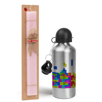 Tetris blocks, Easter Set, metallic Silver aluminum water bottle (500ml) & scented flat Easter candle (30cm) (PINK)