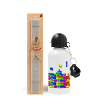 Tetris blocks, Easter Set, metallic aluminum water bottle (500ml) & aromatic flat Easter candle (30cm) (GRAY)