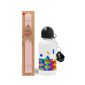 Tetris blocks, Πασχαλινό Σετ, παγούρι μεταλλικό αλουμινίου (500ml) & πασχαλινή λαμπάδα αρωματική πλακέ (30cm) (ΡΟΖ)