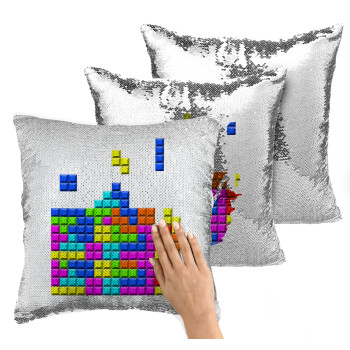 Tetris blocks, Μαξιλάρι καναπέ Μαγικό Ασημένιο με πούλιες 40x40cm περιέχεται το γέμισμα