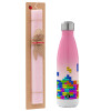Easter Set, Metallic pink/white (Stainless steel) thermos, double-walled, 500ml & aromatic flat Easter candle (30cm) (PINK)