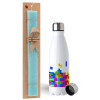 Easter Set, metallic stainless steel water bottle (750ml) & aromatic flat Easter candle (30cm) (TURQUOISE)