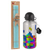 Easter Set, metallic silver aluminum water bottle (500ml) & scented flat Easter candle (30cm) (TURQUOISE)