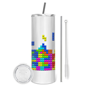 Tetris blocks, Eco friendly ποτήρι θερμό (tumbler) από ανοξείδωτο ατσάλι 600ml, με μεταλλικό καλαμάκι & βούρτσα καθαρισμού