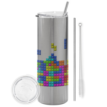 Tetris blocks, Eco friendly ποτήρι θερμό Ασημένιο (tumbler) από ανοξείδωτο ατσάλι 600ml, με μεταλλικό καλαμάκι & βούρτσα καθαρισμού