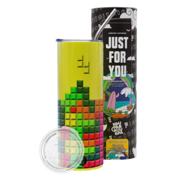 Tetris blocks, Neon Yellow Travel Tumbler θερμό, μεταλλικό καλαμάκι(Ανωξείδωτο 304 Food grade, BPA free, 600ml)