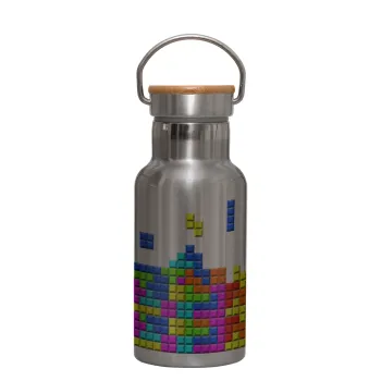 Tetris blocks, Μεταλλικό παγούρι θερμός (Stainless steel) Ασημένιο με ξύλινο καπακι (bamboo), διπλού τοιχώματος, 350ml