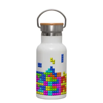 Tetris blocks, Μεταλλικό παγούρι θερμός (Stainless steel) Λευκό με ξύλινο καπακι (bamboo), διπλού τοιχώματος, 350ml