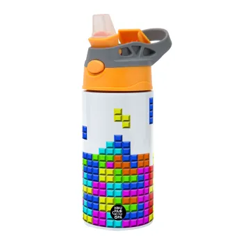 Tetris blocks, Children's hot water bottle, stainless steel, with safety straw, Orange/Grey (360ml) BPA-FREE