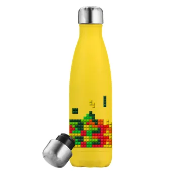 Tetris blocks, Μεταλλικό παγούρι θερμός Κίτρινος (Stainless steel), διπλού τοιχώματος, 500ml