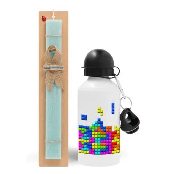 Tetris blocks, Πασχαλινή Λαμπάδα με παγούρι μεταλλικό αλουμινίου (500ml) & λαμπάδα αρωματική πλακέ (30cm) (ΤΙΡΚΟΥΑΖ)