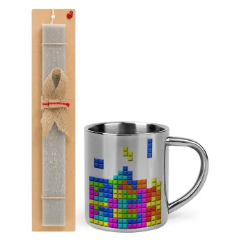 Tetris blocks, Easter Set, metallic thermal cup (300ml) & Easter aromatic flat candle (30cm) (GRAY)