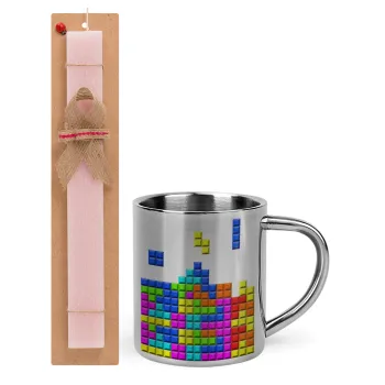 Tetris blocks, Easter Set, metallic thermal cup (300ml) & aromatic flat Easter candle (30cm) (PINK)