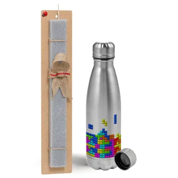 Tetris blocks, Πασχαλινή Λαμπάδα με μεταλλικό παγούρι Inox (750ml) & κερί αρωματικό πλακέ (30cm) (ΓΚΡΙ)