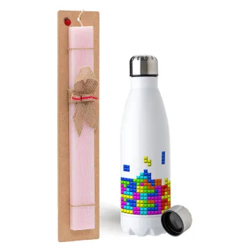 Tetris blocks, Easter Set, metallic stainless steel water bottle (750ml) & scented flat Easter candle (30cm) (PINK)