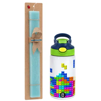 Tetris blocks, Easter Set, Children's thermal stainless steel bottle with safety straw, green/blue (350ml) & aromatic flat Easter candle (30cm) (TURQUOISE)