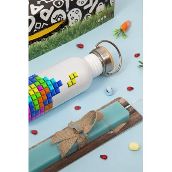 Tetris blocks, Easter Set, metallic silver aluminum water bottle (500ml) & scented flat Easter candle (30cm) (TURQUOISE)