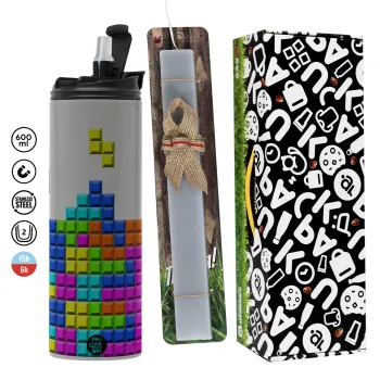 Tetris blocks, Easter candle with Grey Tumbler Thermo 600ml & aromatic flat candle (30cm) (GREY)