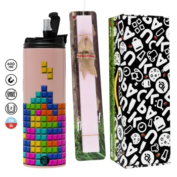 Tetris blocks, Easter candle,Travel Tumbler 2 Lids, with metal straw & cleaning brush & aromatic flat candle (30cm) (PINK)