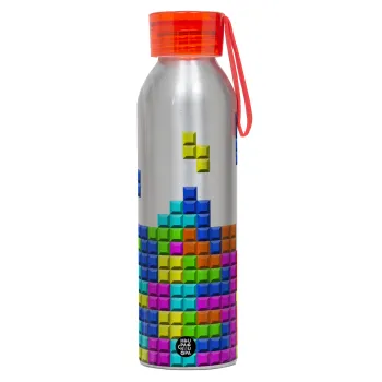 Tetris blocks, Αλουμινένιο Αθλητικό Μπουκάλι 650ml – Ασημί με Κόκκινο Καπάκι και Λουράκι Σιλικόνης