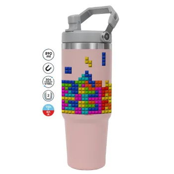 Tetris blocks, ΡΟΖ χρώματος Θερμός Ανοξείδωτο 890ml (30oz) με χερούλι