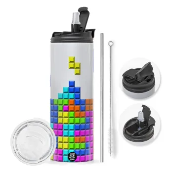 Tetris blocks, Travel Tumbler θερμό με διπλό καπάκι, μεταλλικό καλαμάκι και βούρτσα καθαρισμού (Ανωξείδωτο 304 Food grade, BPA free, 600ml)
