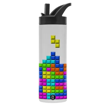 Tetris blocks, Μεταλλικό παγούρι θερμός με καλαμάκι & χειρολαβή, ανοξείδωτο ατσάλι (Stainless steel 304), διπλού τοιχώματος, 600ml
