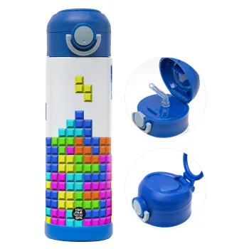 Tetris blocks, Παιδικό παγούρι θερμό, ανοξείδωτο, με καλαμάκι ασφαλείας, ΜΠΛΕ (500ml)