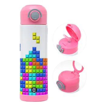 Tetris blocks, Παιδικό παγούρι θερμό, ανοξείδωτο, με καλαμάκι ασφαλείας, ΡΟΖ (500ml)