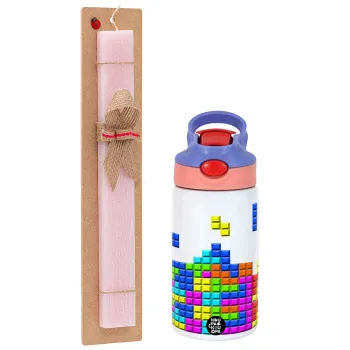 Tetris blocks, Easter Set, Children's thermal stainless steel water bottle with safety straw, pink/purple (350ml) & Easter scented flat candle (30cm) (PINK)