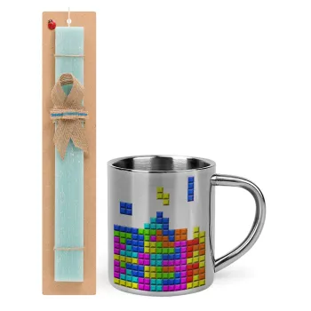 Tetris blocks, Πασχαλινή Λαμπάδα με μεταλλική κούπα θερμό (300ml) & κερί αρωματικό πλακέ (30cm) (ΤΙΡΚΟΥΑΖ)