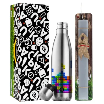 Tetris blocks, Easter Set, metallic stainless thermos flask (500ml) & scented flat Easter candle (30cm) (GRAY)