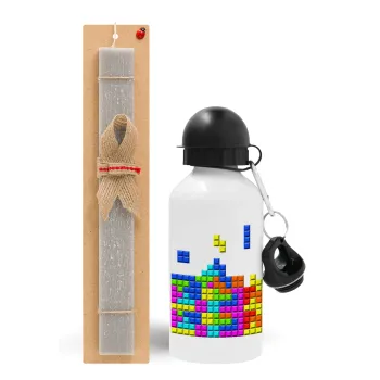 Tetris blocks, Πασχαλινή Λαμπάδα με παγούρι μεταλλικό  αλουμινίου (500ml) & κερί αρωματικό πλακέ (30cm) (ΓΚΡΙ)