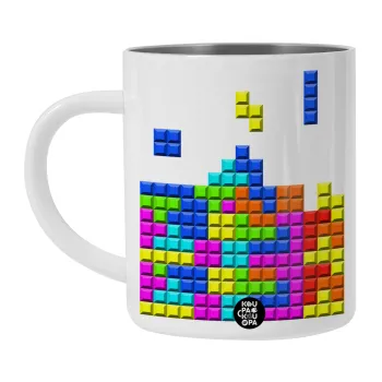 Tetris blocks, Λευκή Ανοξείδωτη Μεταλλική Κούπα 450ml - Διπλού Τοιχώματος 