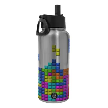 Tetris blocks, Μεταλλικό παγούρι θερμός Silver με καλαμάκι και χερούλι (Stainless steel), διπλού τοιχώματος, 950ml