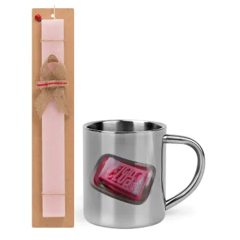 Fight Club, Easter Set, metallic thermal cup (300ml) & aromatic flat Easter candle (30cm) (PINK)
