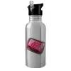 Water bottle Silver with straw, stainless steel 600ml