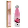 Easter Set, Metallic pink/white (Stainless steel) thermos, double-walled, 500ml & aromatic flat Easter candle (30cm) (PINK)