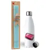 Easter Set, metallic stainless steel water bottle (750ml) & aromatic flat Easter candle (30cm) (TURQUOISE)